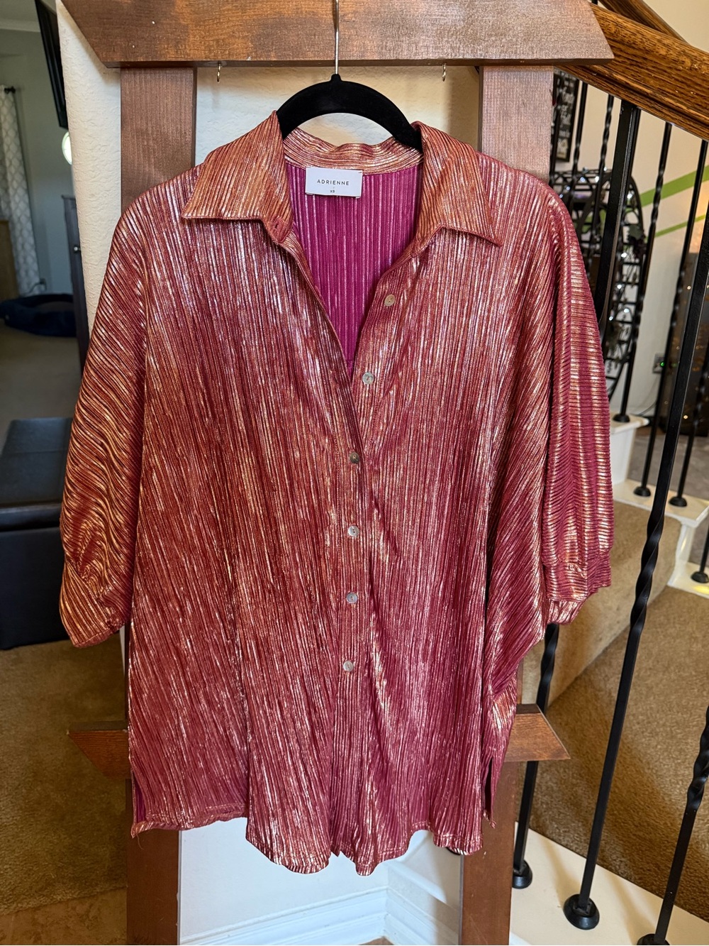 Adrienne Metallic Rose Gold Pleated Button-Front Blouse